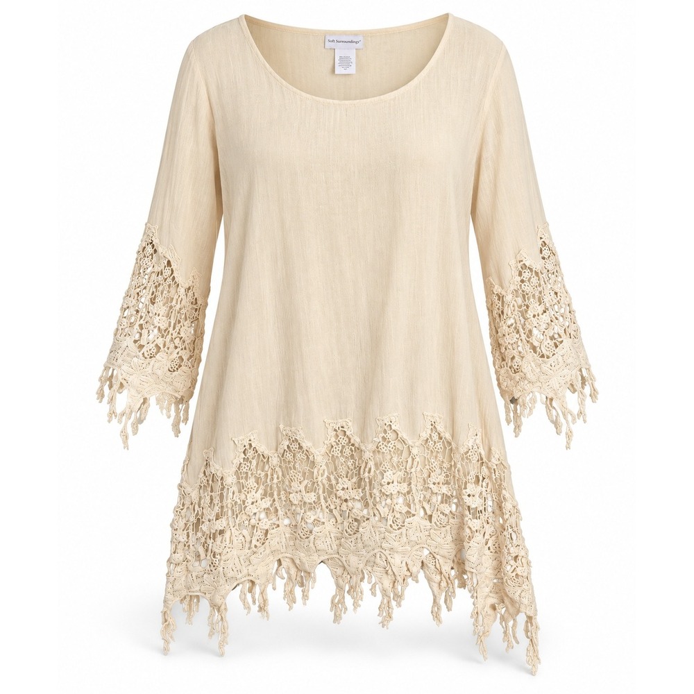 Soft Surroundings Tunic Top 2X Beige Cotton Crochet Lace Fringe Boho 55770